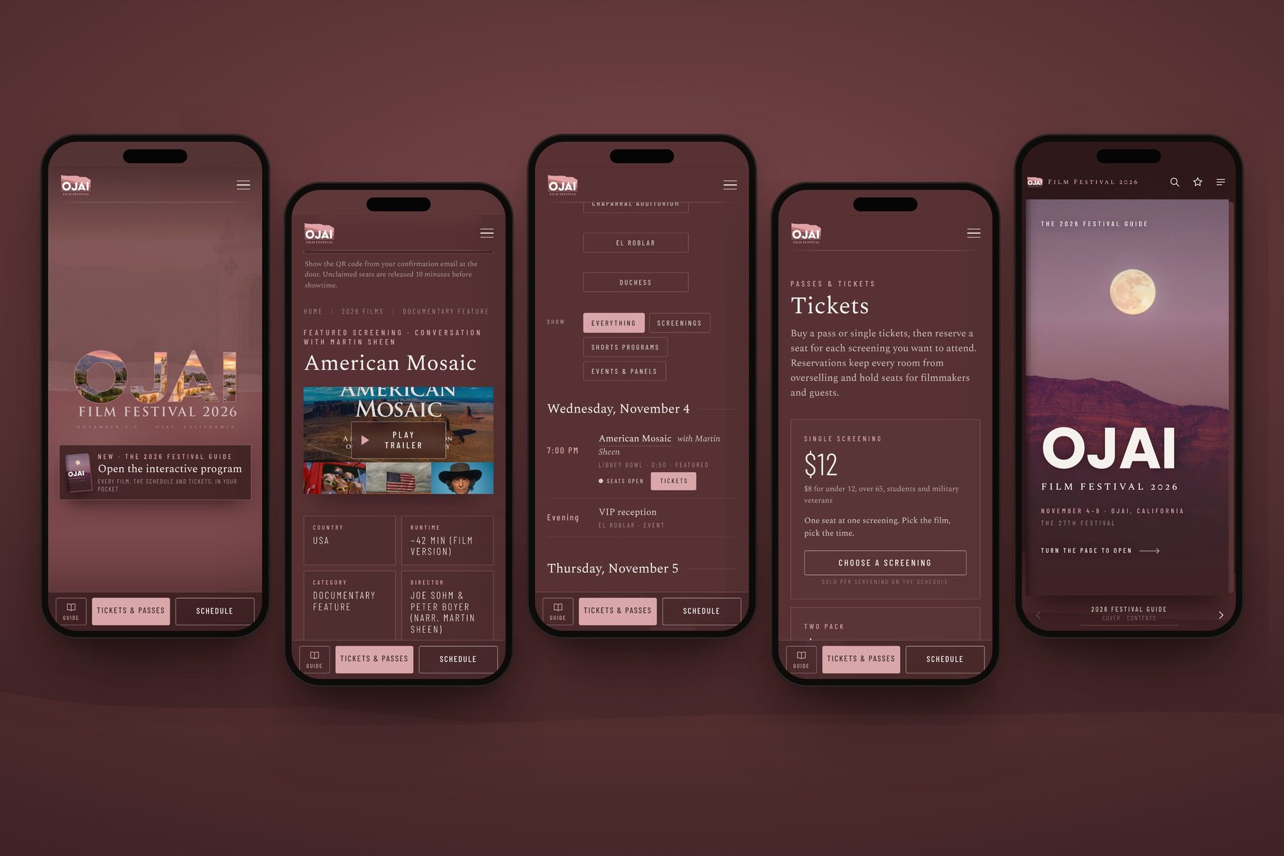 Five phones showing the site